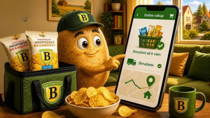 Ilustrace brambory pracující jako doručovatel online nákupů