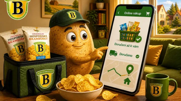 Ilustrace brambory pracující jako doručovatel online nákupů