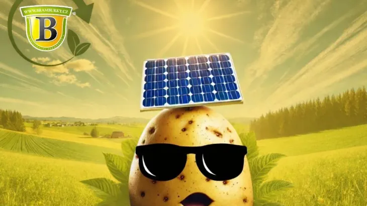 Ilustrace brambory, která získává energii ze solárních panelů