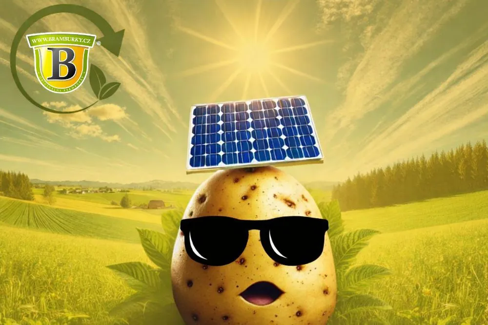 Ilustrace brambory, která získává energii ze solárních panelů