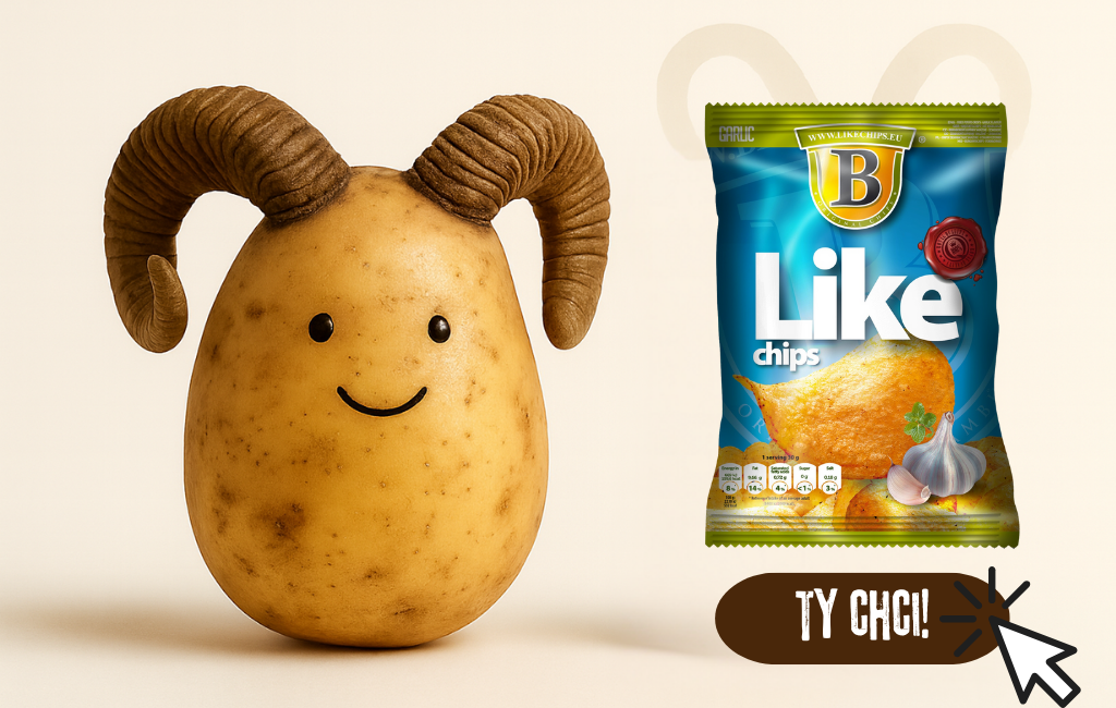 Ilustrace brambory jakožto berana a Like Chips česnekové