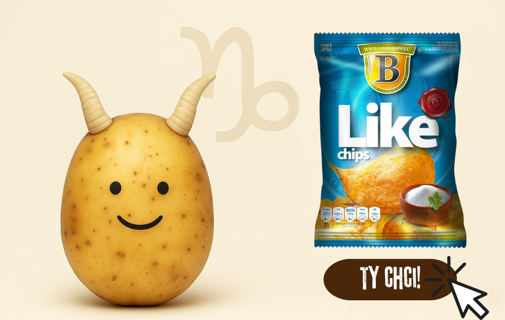 Ilustrace brambory jakožto kozoroha a Like Chips solené