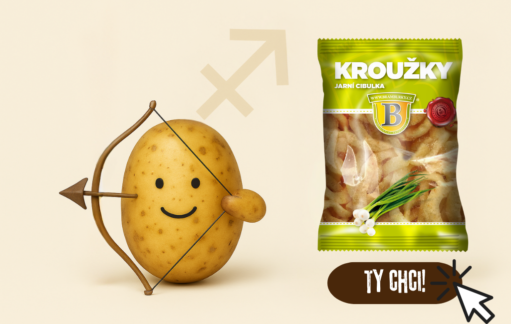 Ilustrace brambory jakožto střelce a Kroužky s příchutí jarní cibulka