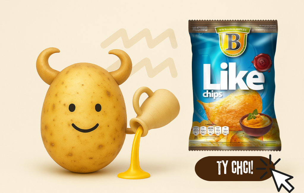 Ilustrace brambory jakožto vodnáře a Like Chips hořčicové