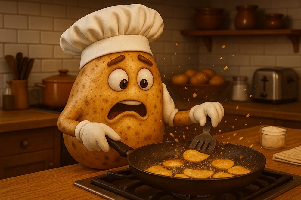 Ilustrativní obrázek brambory, která na pánvi nesprávně smaží domácí brambůrky a prská jí olej kolem