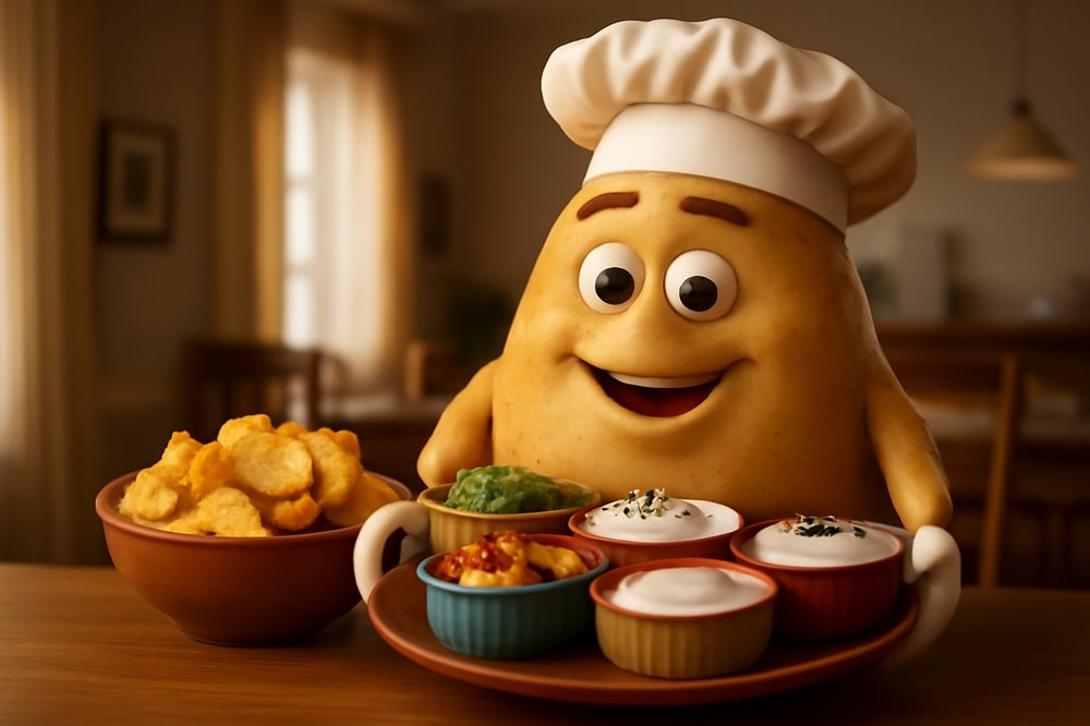 Ilustrativní obrázek brambory, která servíruje dipy k brambůrkům