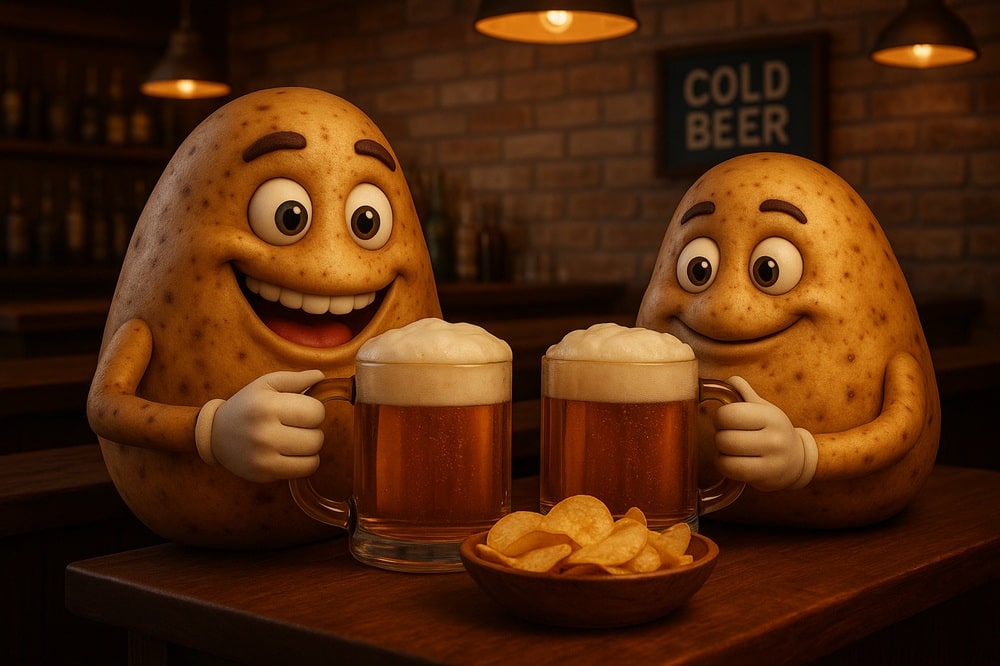 Ilustrativní obrázek dvou brambor sedících na pivě a pojídajících hospodské brambůrky