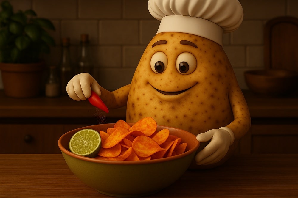 Ilustrativní obrázek brambory, která připravuje domácí brambůrky s příchutí chilli a limetka