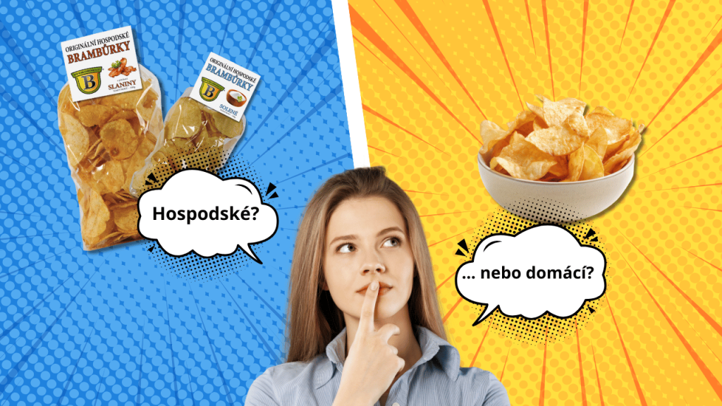 Žena váhající mezi domácími a hospodskými brambůrky