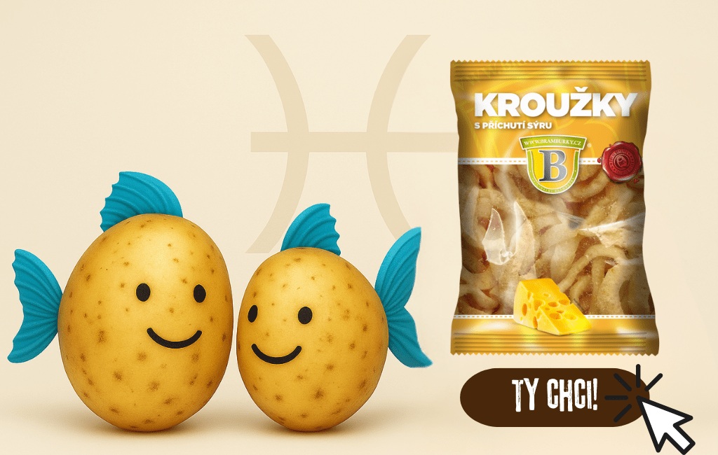 Ilustrace brambory jakožto ryby a Kroužky s příchutí sýru