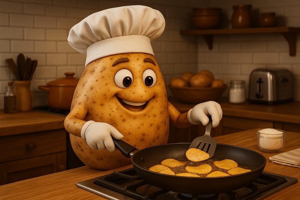 Ilustrativní obrázek brambory, která na pánvi smaží domácí brambůrky