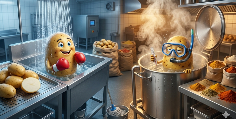 Rozdělený obrázek: vlevo animovaná brambora s boxerskými rukavicemi se myje pod tekoucí vodou v průmyslové kuchyni, vpravo brambora s ochrannými brýlemi a šnorchlem sedí v horké lázni a kontroluje teplotu při výrobním procesu, obklopená kořením a surovinami.