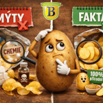 Ilustrace „Mýty vs. fakta o brambůrkách“ s přemýšlivou kreslenou bramborou uprostřed, která porovnává dvě otevřená balení – vlevo mýty s „chemií“, vpravo fakta s přírodními surovinami.