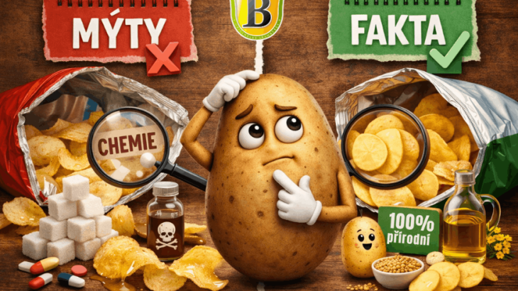 Ilustrace „Mýty vs. fakta o brambůrkách“ s přemýšlivou kreslenou bramborou uprostřed, která porovnává dvě otevřená balení – vlevo mýty s „chemií“, vpravo fakta s přírodními surovinami.