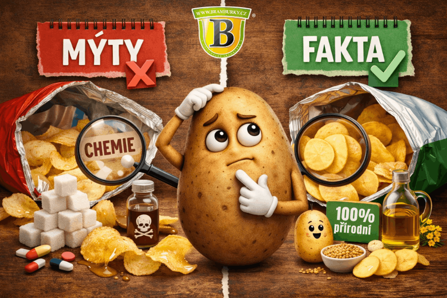 Ilustrace „Mýty vs. fakta o brambůrkách“ s přemýšlivou kreslenou bramborou uprostřed, která porovnává dvě otevřená balení – vlevo mýty s „chemií“, vpravo fakta s přírodními surovinami.