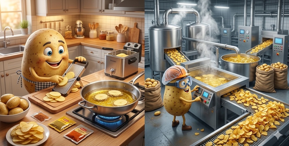 Rozdělený obrázek: vlevo animovaná brambora v domácí kuchyni krájí brambory a smaží je na pánvi, vpravo brambora ve výrobní hale v ochranném vybavení obsluhuje průmyslovou linku a fritézu na výrobu brambůrků.