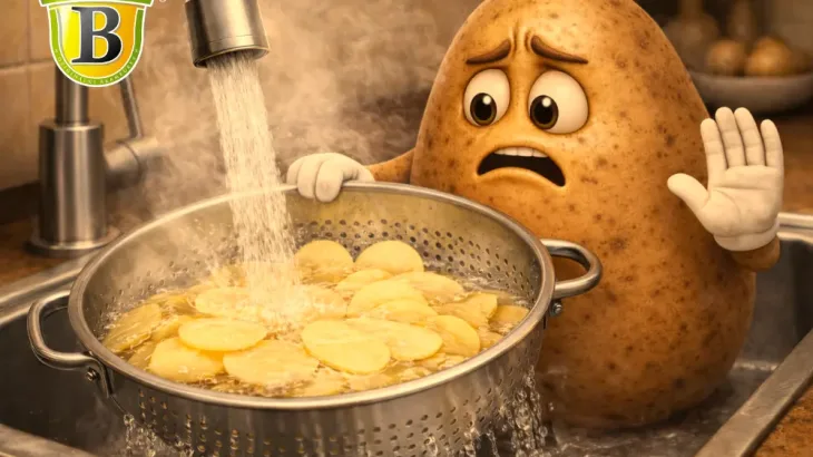 Brambora proplachuje tenké bramborové plátky horkou vodou v kovovém cedníku a zvednutou rukou naznačuje, že takto se to dělat nemá.