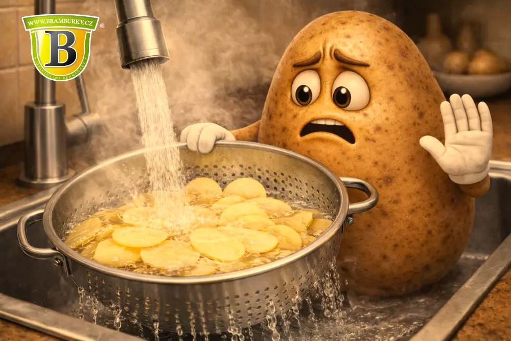 Brambora proplachuje tenké bramborové plátky horkou vodou v kovovém cedníku a zvednutou rukou naznačuje, že takto se to dělat nemá.