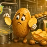Ilustrativní brambora porovnává blanšírovaný a křupavý bramborový lupínek ve výrobě chipsů.