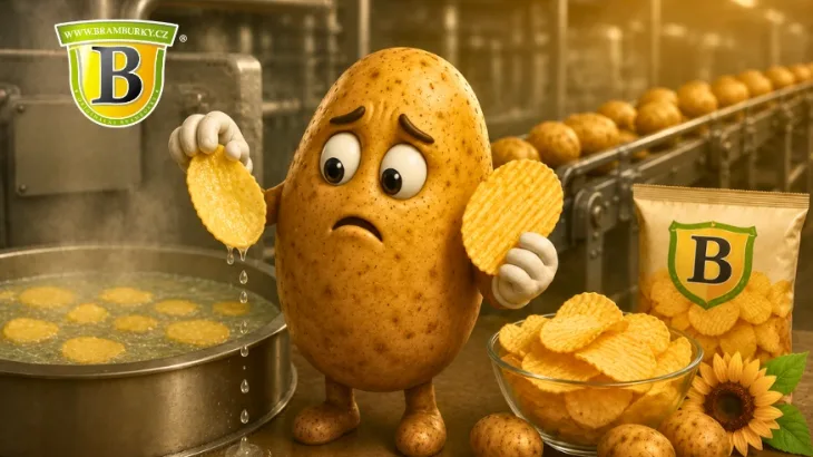 Ilustrativní brambora porovnává blanšírovaný a křupavý bramborový lupínek ve výrobě chipsů.
