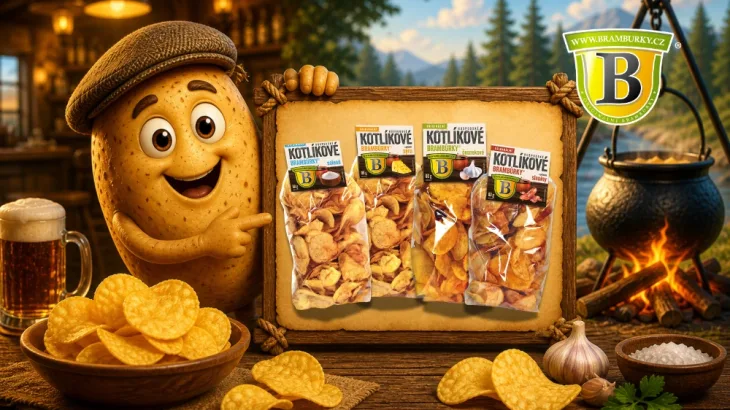 Ilustrace brambory, která uvádí novou produktovou řadu Originální hospodské kotlíkové brambůrky